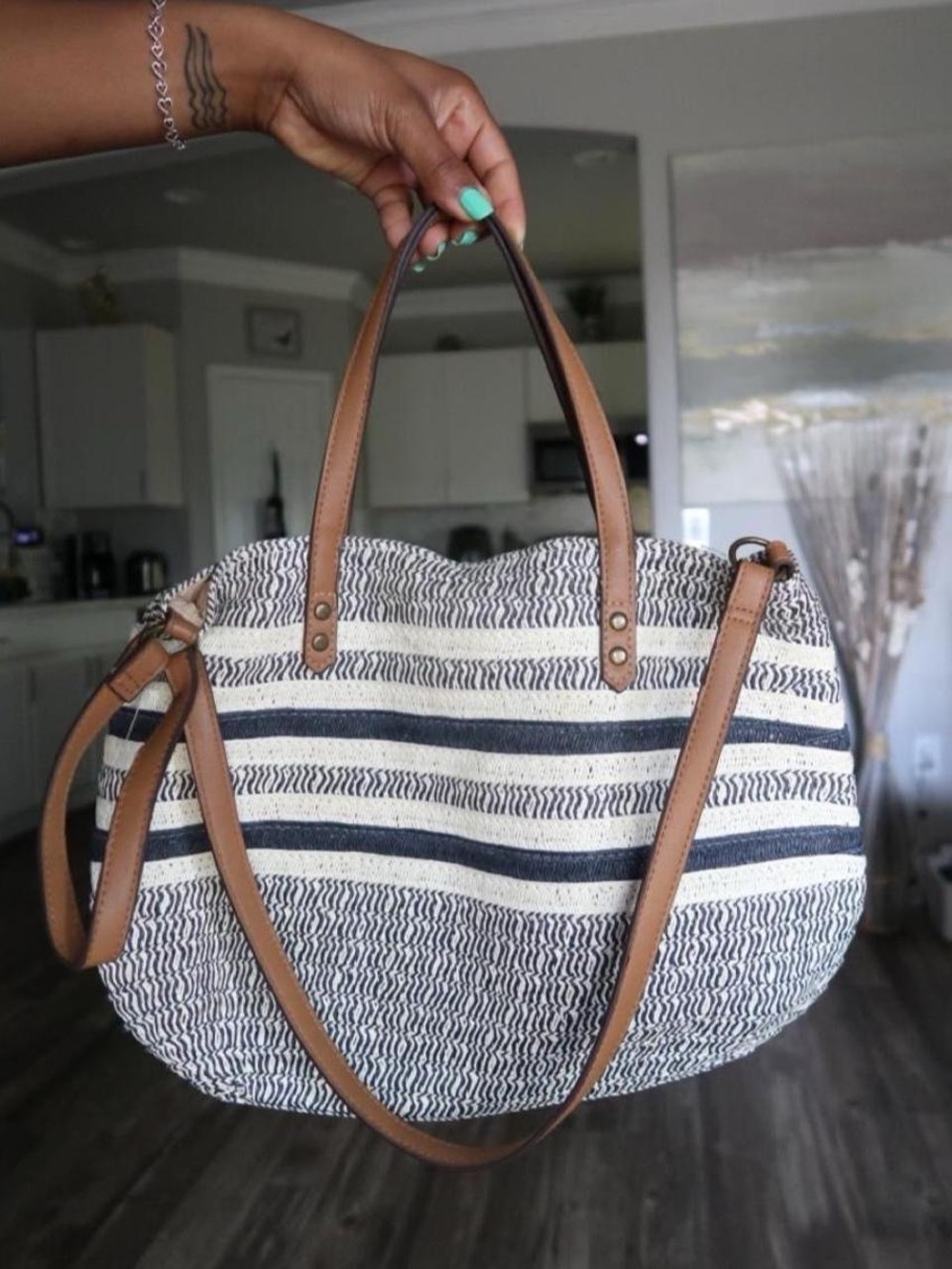Summer Striped Navy and Cream Canvas Tote with Brown Leather Straps